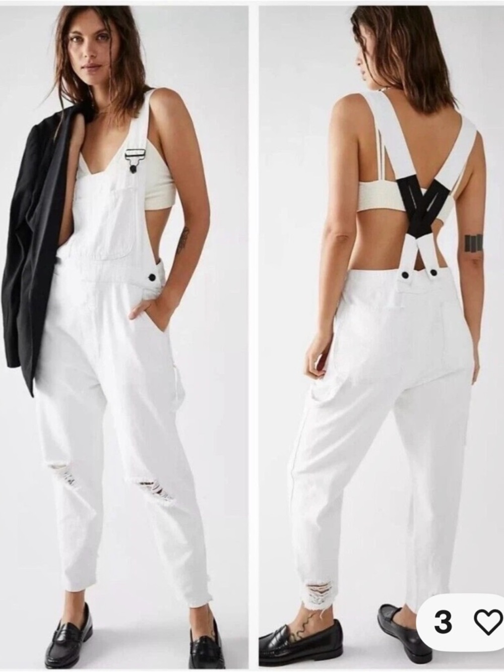 Sandrine Rose x Free People White Distressed Bib Overalls Size L. NWT